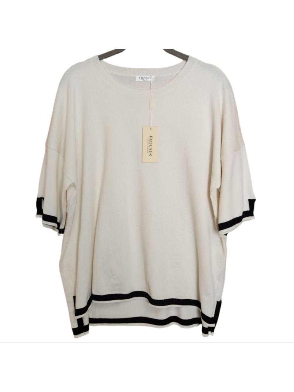 EKOUAER 2 PIECE KNIT LOUNGEWEAR SET CREAM BLACK WIDE LEG SHORT SLEEVE NWT XL - Picture 3 of 9